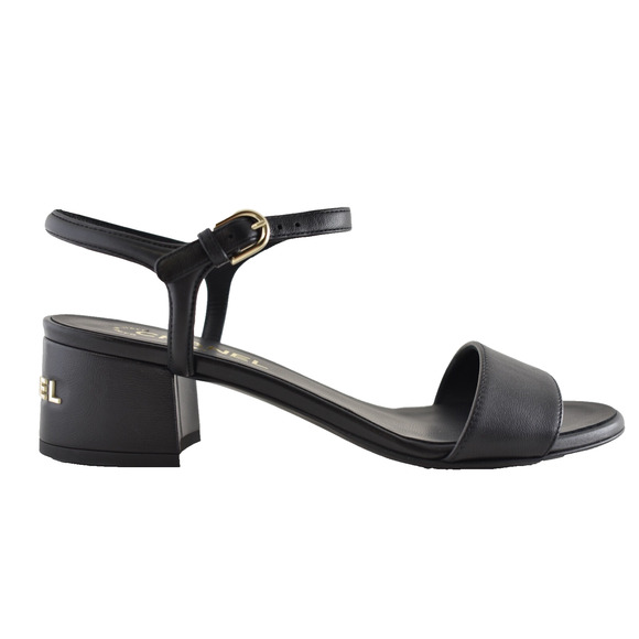 Chanel 24C Black Lambskin Leather Gold Logo Ankle Strap Block Heel Sandal 38 - Picture 1 of 14